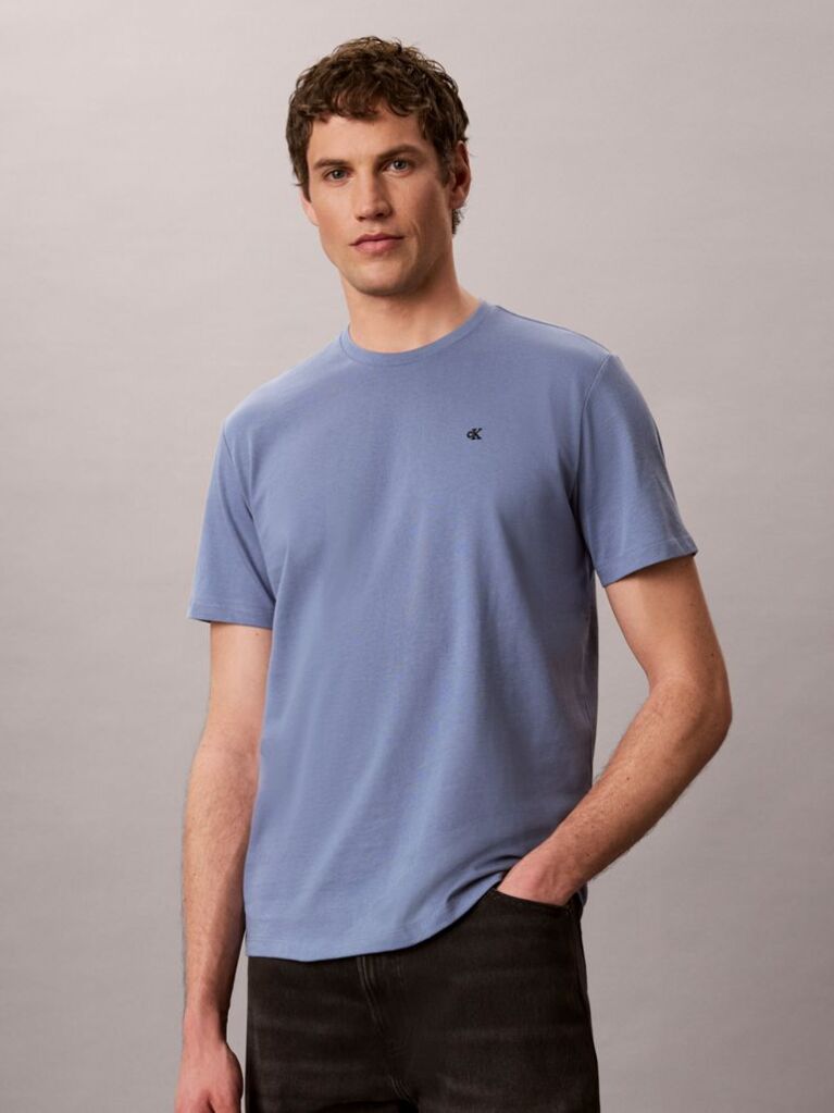 Blue Monogram Logo Embroidery Crew Neck T-Shirt  Men