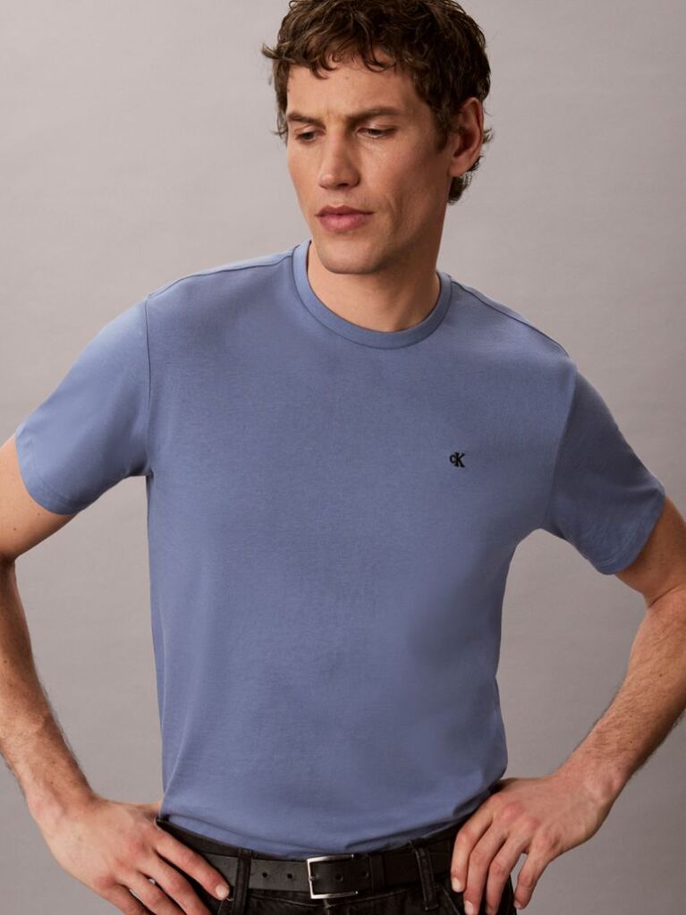Blue Monogram Logo Embroidery Crew Neck T-Shirt  Men