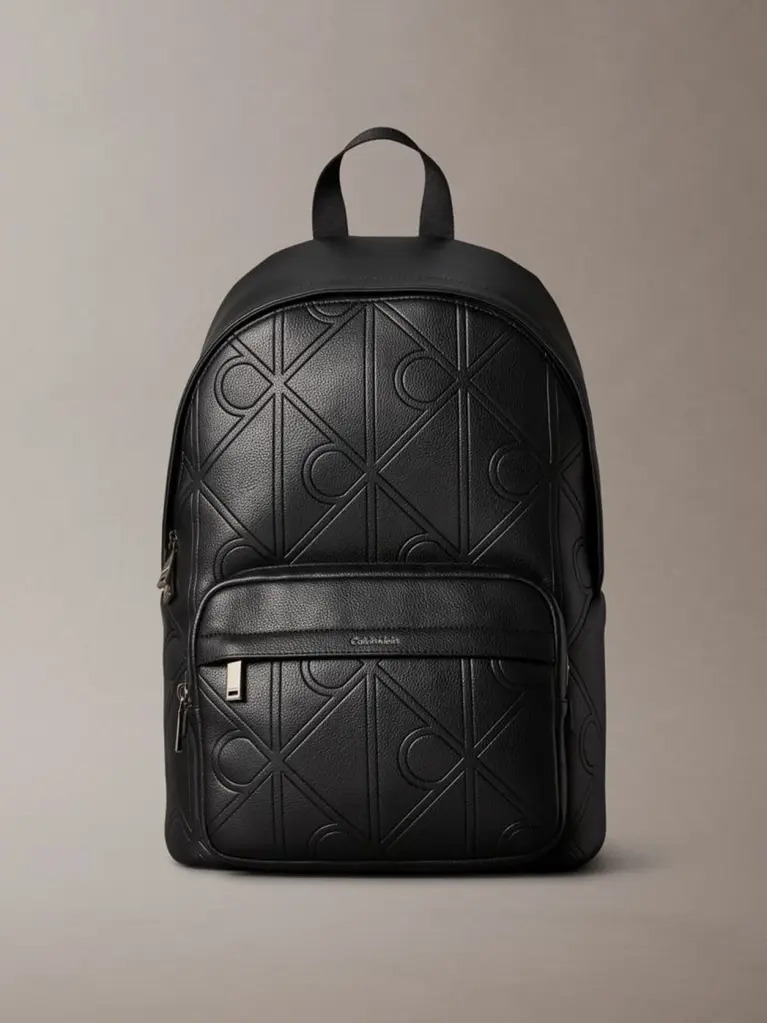 Black Embossed Logo Dome Backpack  Men