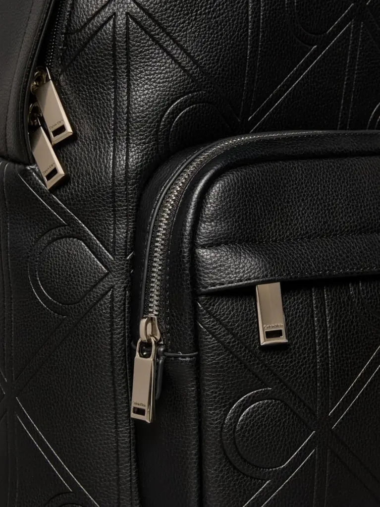 Black Embossed Logo Dome Backpack  Men