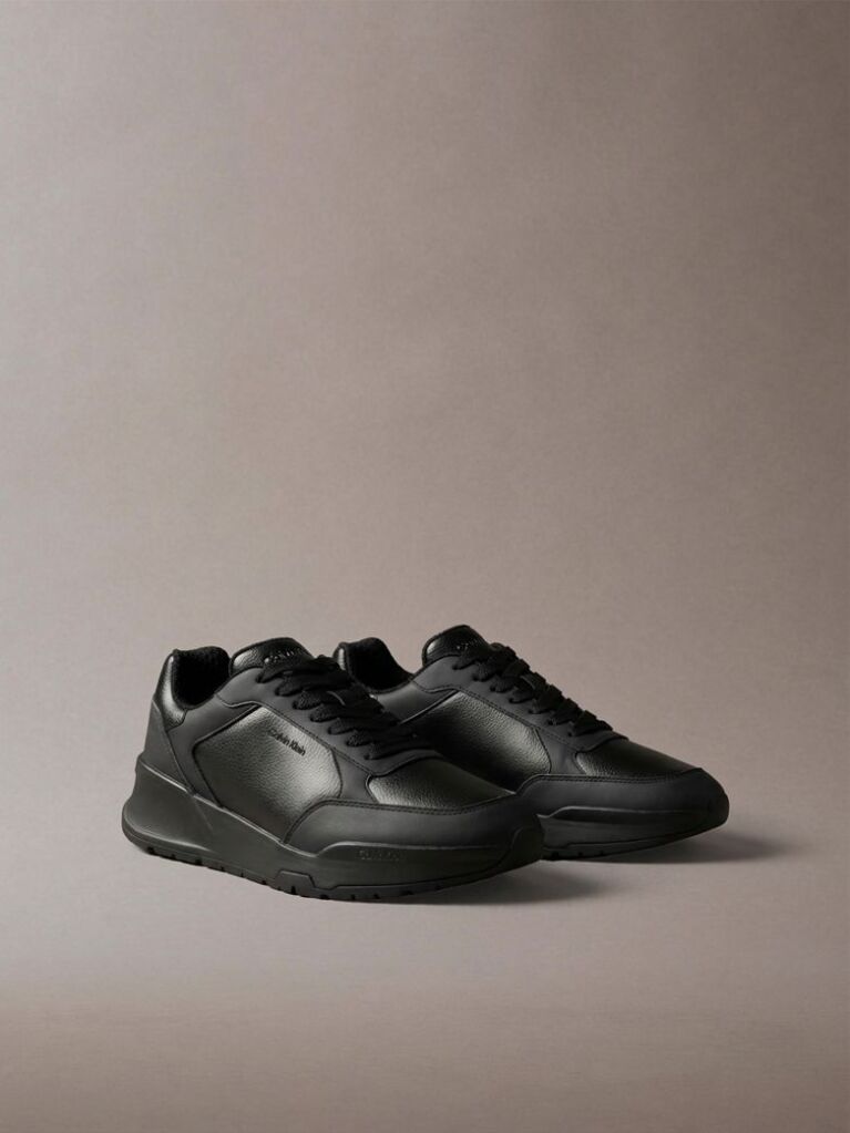 Black Leather Chunky Dad Sneakers  Men