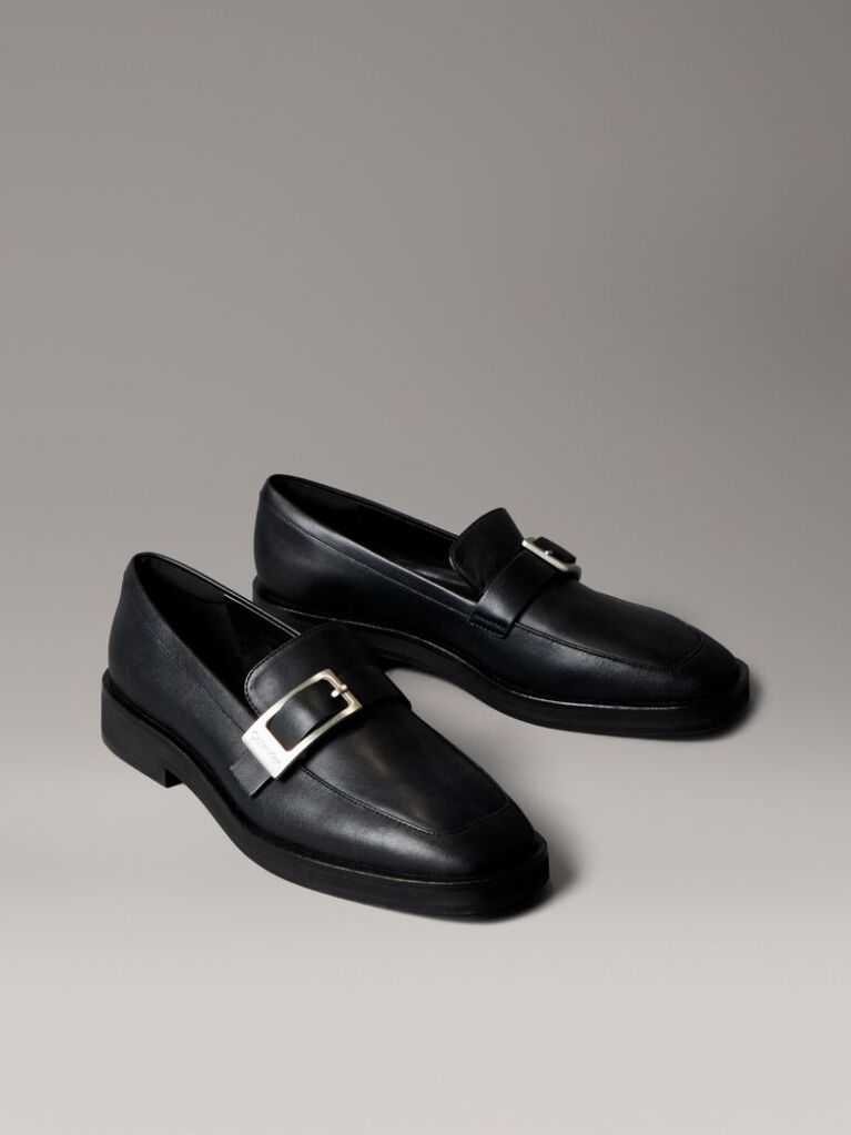 Black Leather Apron Toe Loafers  Women