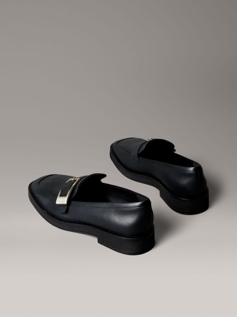 Black Leather Apron Toe Loafers  Women