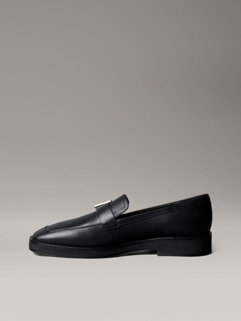 Black Leather Apron Toe Loafers  Women