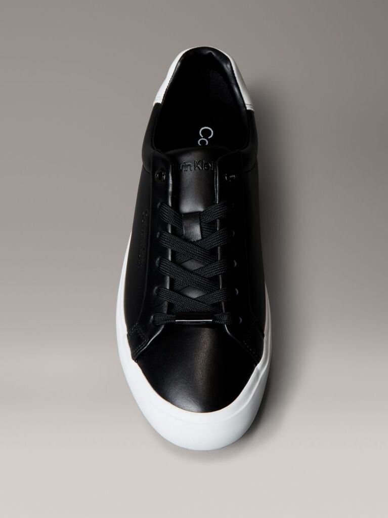 Black Smooth Leather Embossed Logo Trainers  Women
