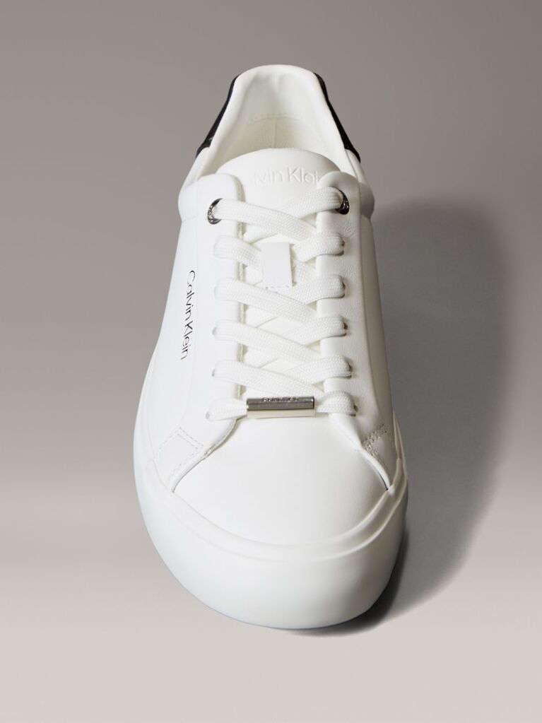 White Smooth Leather Embossed Logo Trainers  Women
