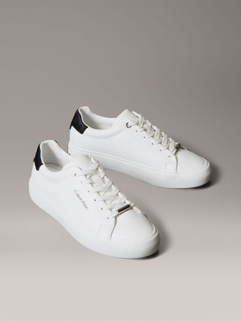 White Smooth Leather Embossed Logo Trainers  Women