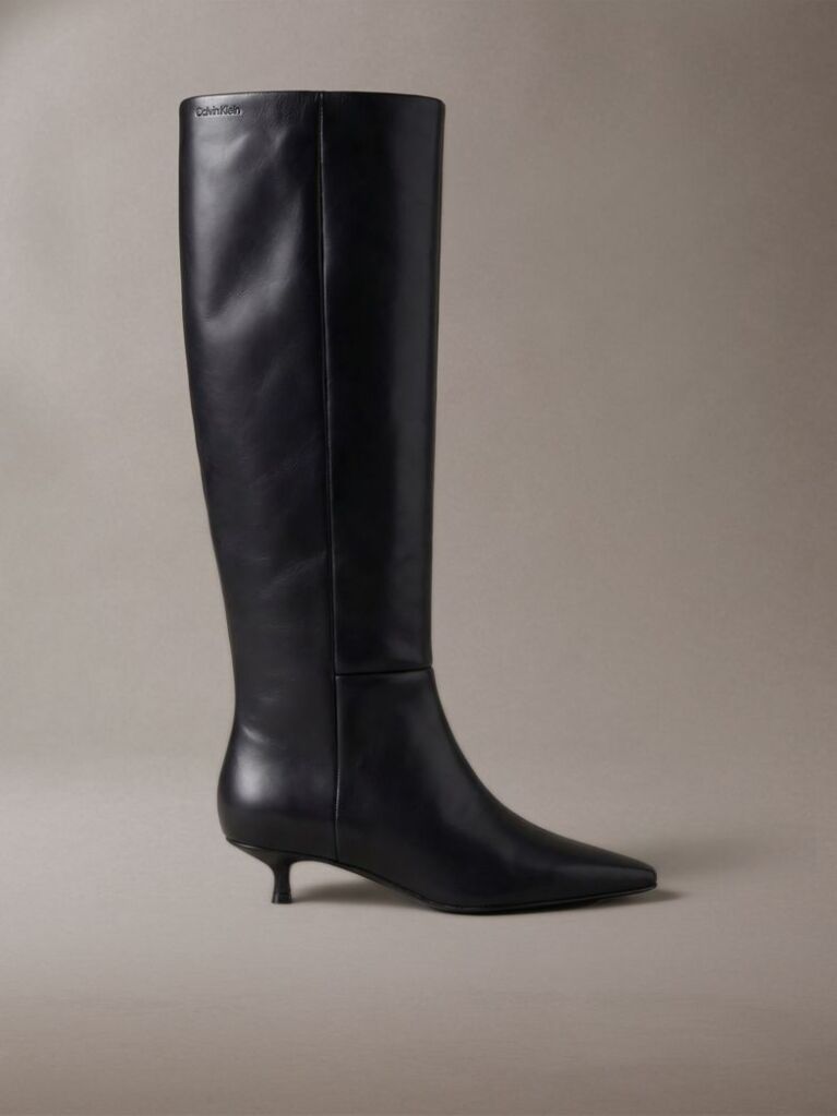 Black Leather Kitten Heel Knee Boots  Women