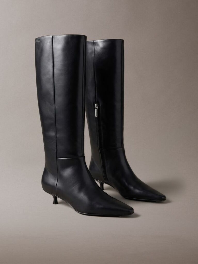 Black Leather Kitten Heel Knee Boots  Women