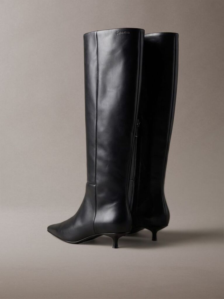 Black Leather Kitten Heel Knee Boots  Women