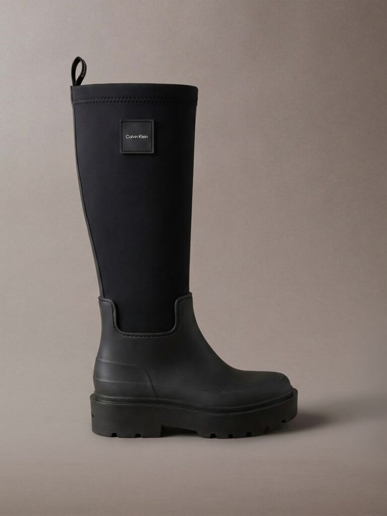 Black Knee-High Flexible Lug Sole Rainboots  Women