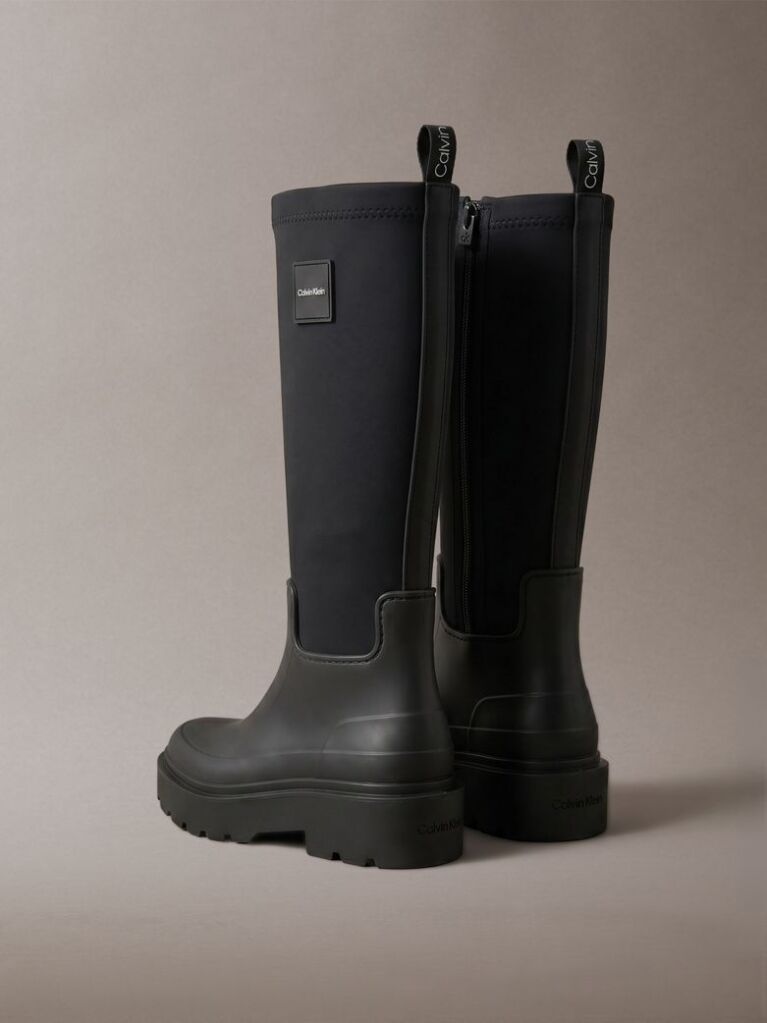 Black Knee-High Flexible Lug Sole Rainboots  Women