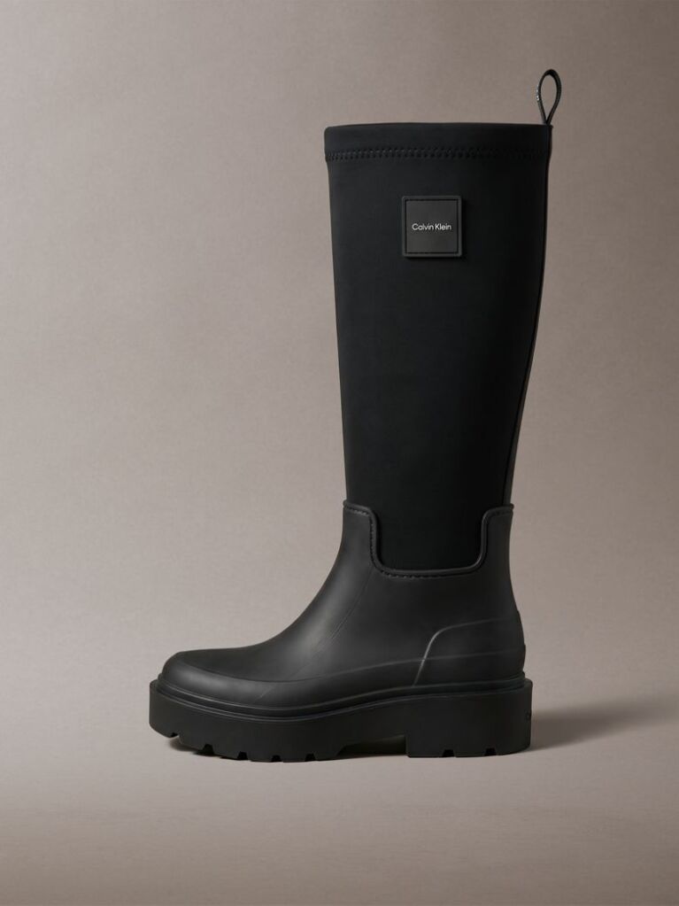 Black Knee-High Flexible Lug Sole Rainboots  Women