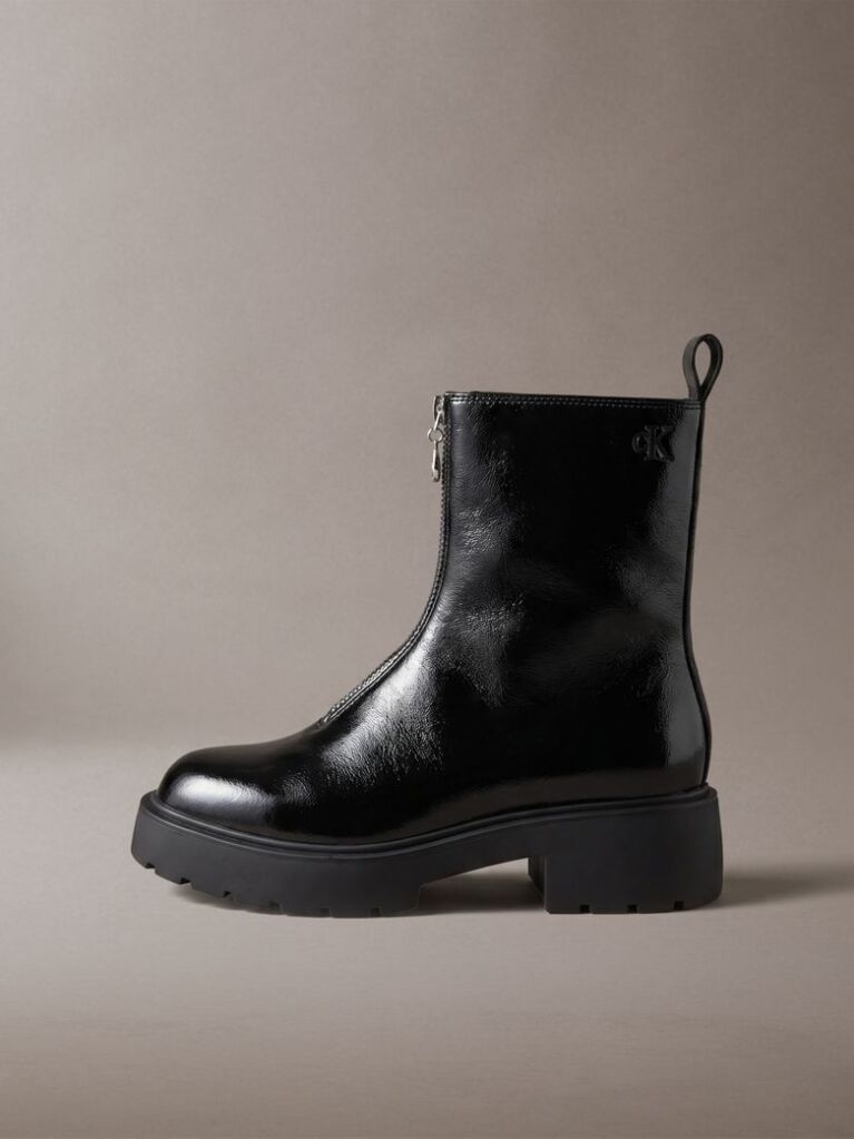 Black CK Bold - Shine Leather Zip Ankle Boots  Women