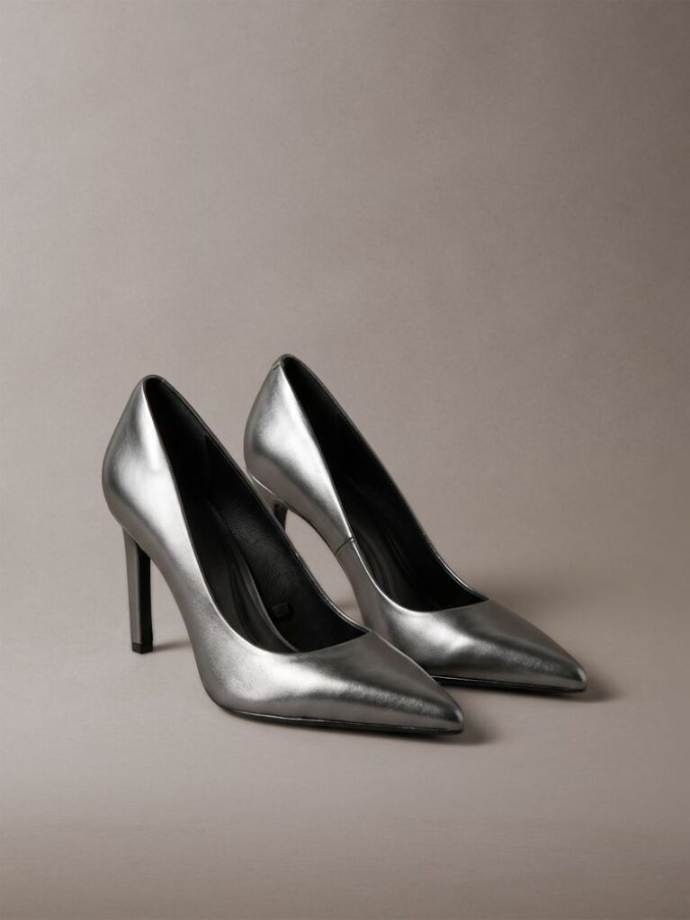 Grey Leather Gunmetal Stiletto Pumps  Women