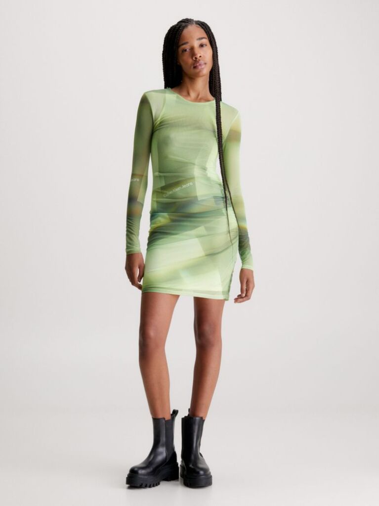 Green Double Layer Mesh Printed Dress  Women