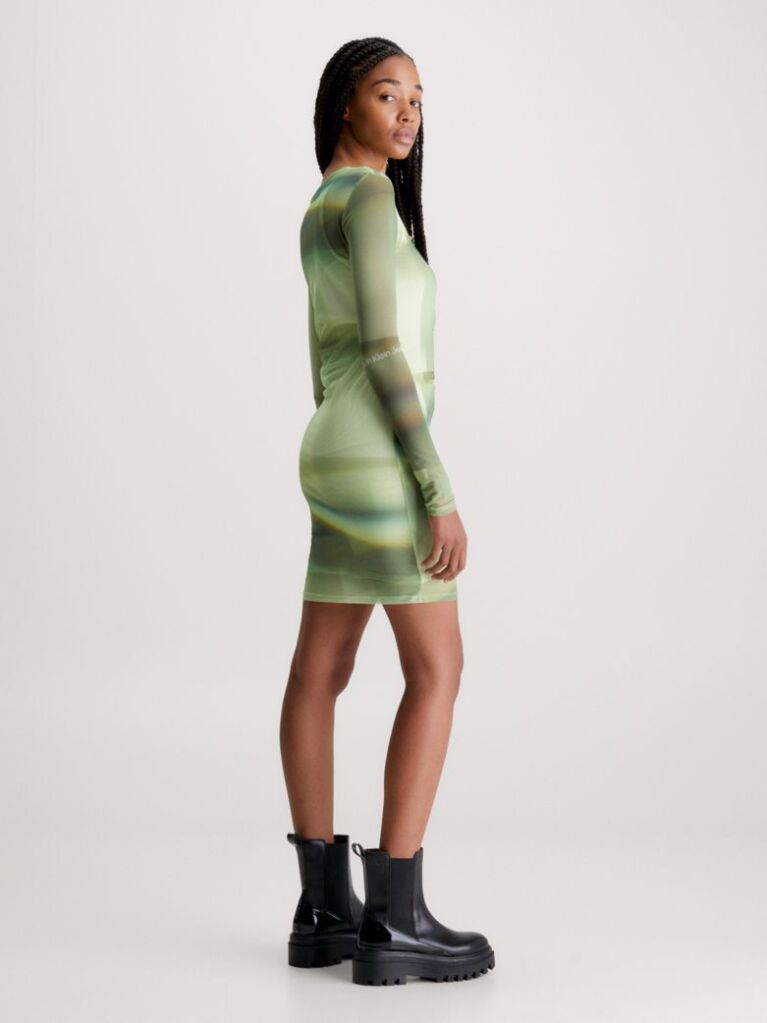 Green Double Layer Mesh Printed Dress  Women