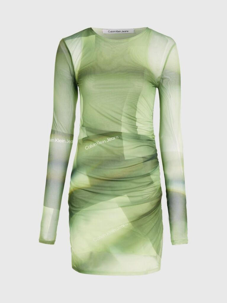Green Double Layer Mesh Printed Dress  Women