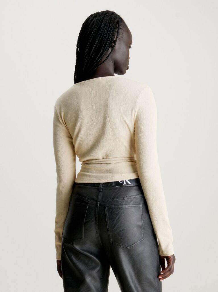 Beige Crinkle Long Sleeve Wrap Top  Women