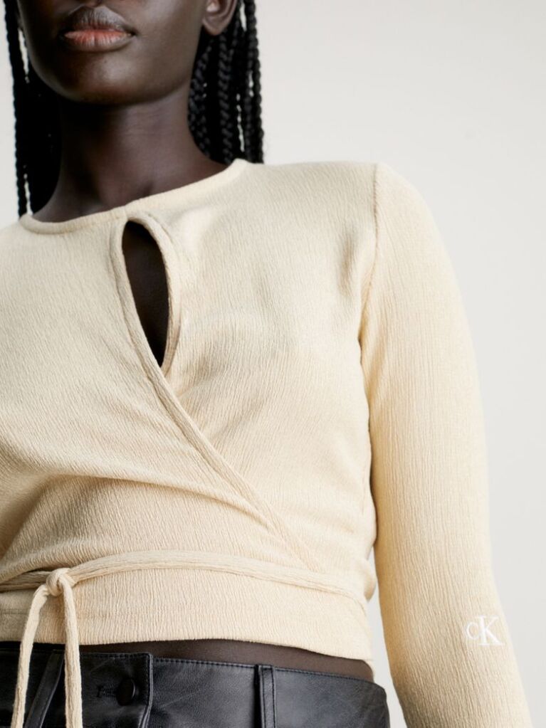 Beige Crinkle Long Sleeve Wrap Top  Women