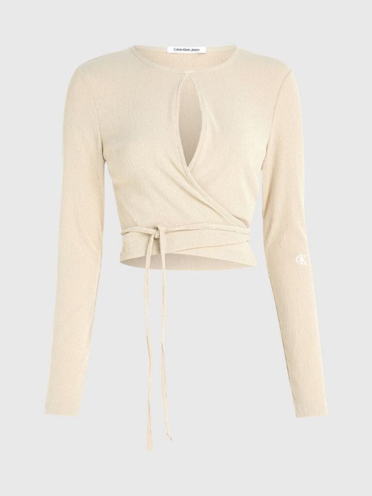 Beige Crinkle Long Sleeve Wrap Top  Women