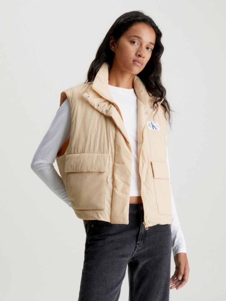 Beige Relaxed Padded Nylon Vest  Women