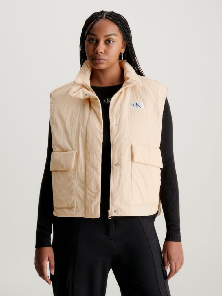 Beige Relaxed Padded Nylon Vest  Women