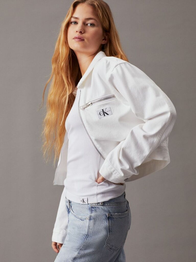 White Cropped Zip Up Denim Jacket  Women