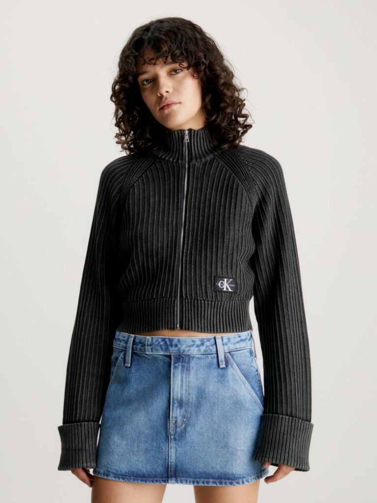 Black Ribbed Cotton Zip Up Cardigan  Women