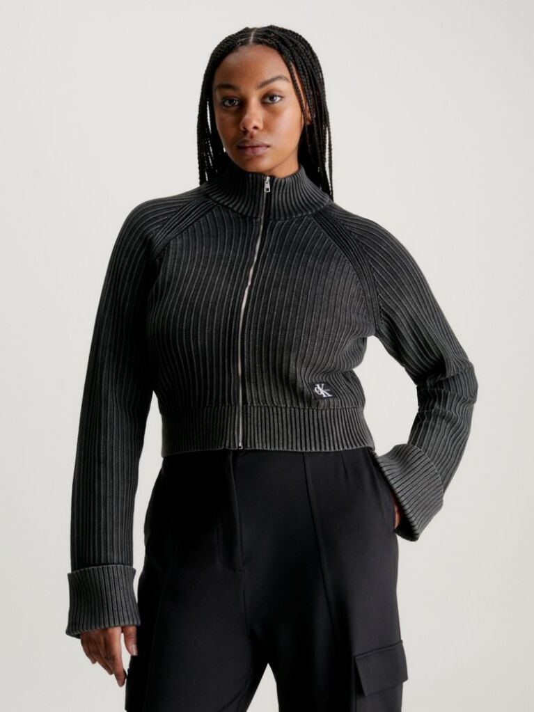 Black Ribbed Cotton Zip Up Cardigan  Women