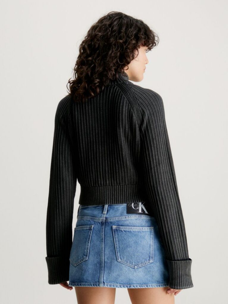 Black Ribbed Cotton Zip Up Cardigan  Women