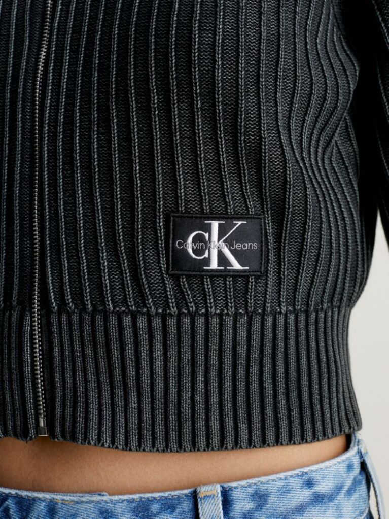 Black Ribbed Cotton Zip Up Cardigan  Women