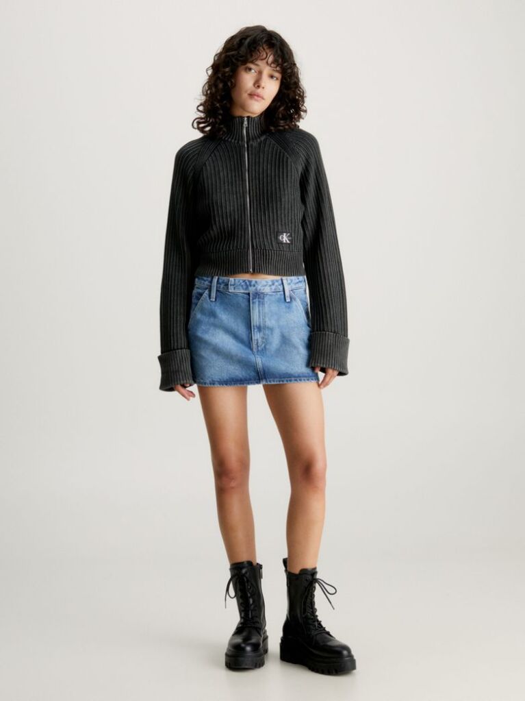 Black Ribbed Cotton Zip Up Cardigan  Women