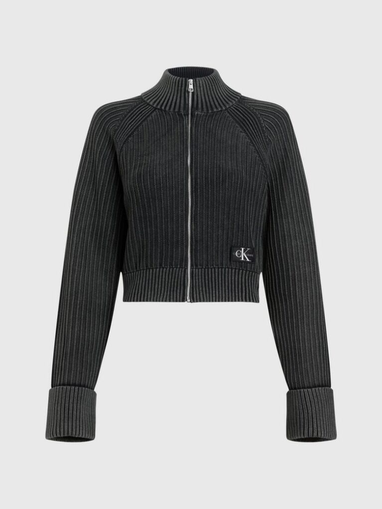 Black Ribbed Cotton Zip Up Cardigan  Women