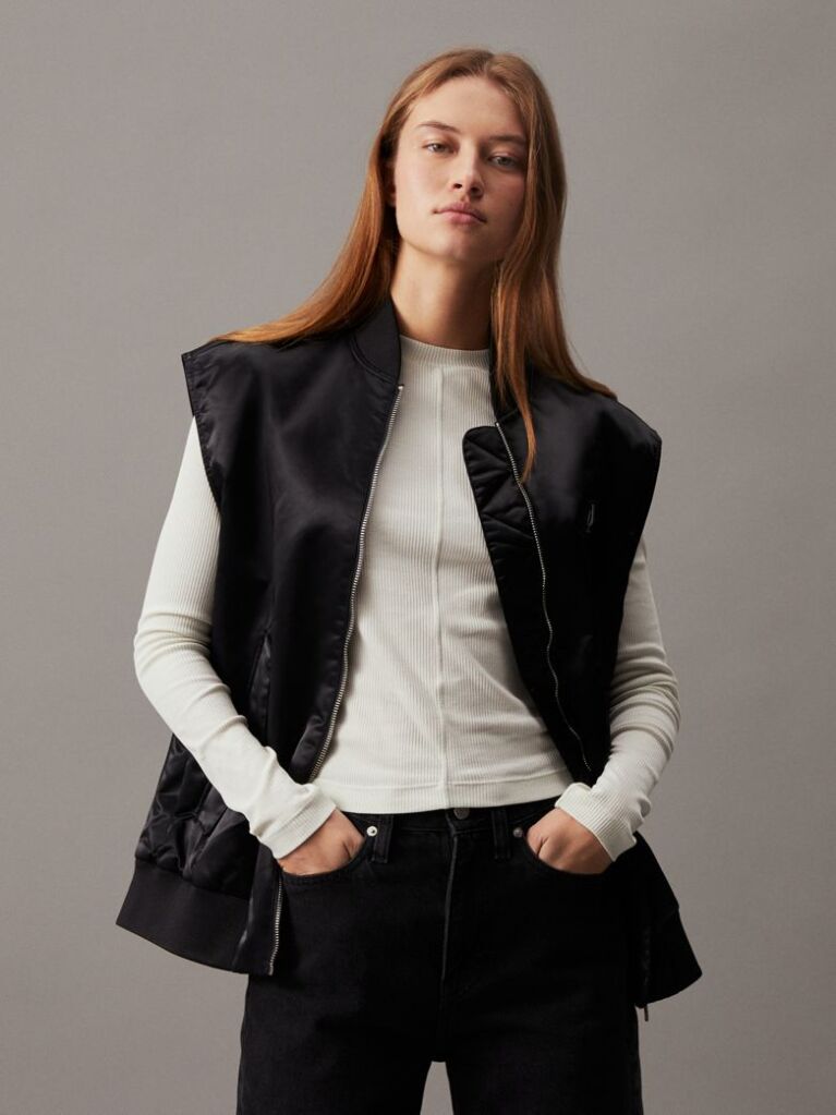 Black Relaxed Sateen Bomber Vest  Women