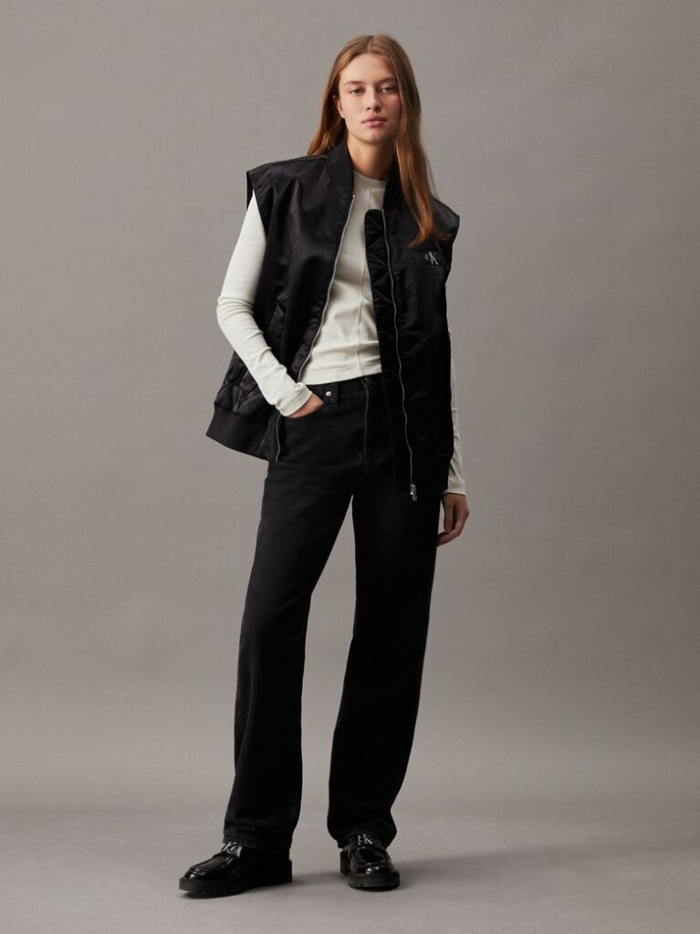 Black Relaxed Sateen Bomber Vest  Women