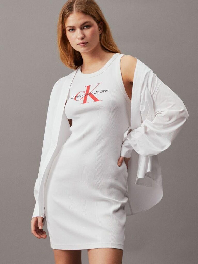 Λευκό Ριμπ Αμάνικο Φόρεμα Με Μονόγραμμα  Γυναίκα