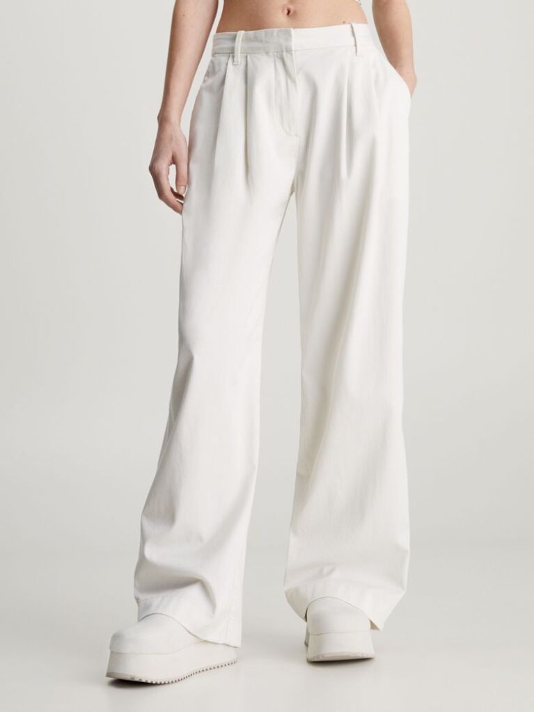 White Cotton Twill Straight Trousers  Women