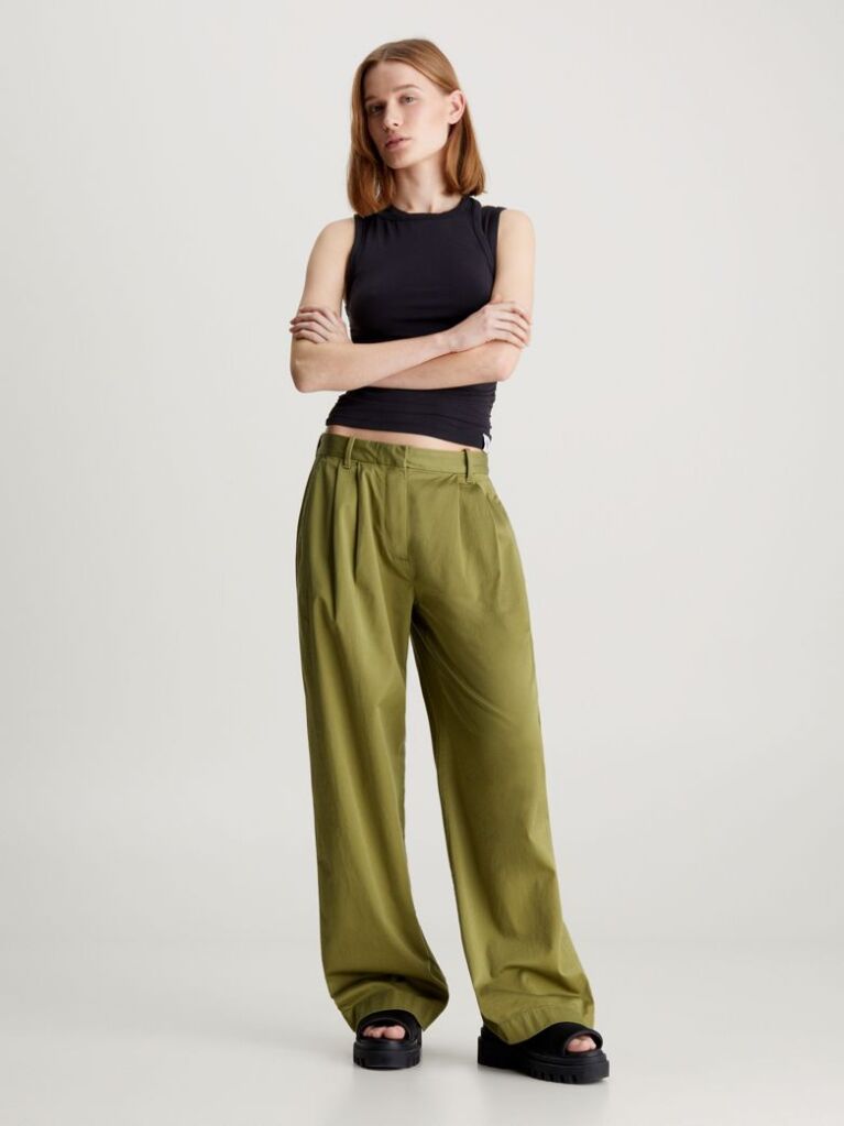Green Cotton Twill Straight Trousers  Women