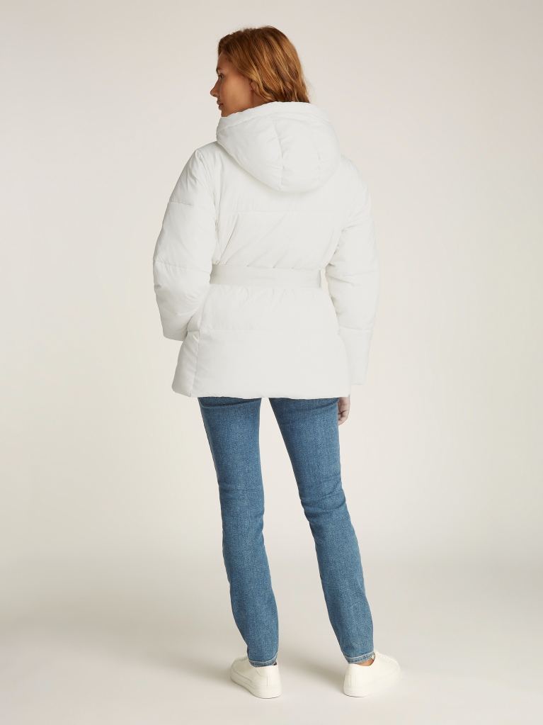White Logo Belt Short Puffer  Women