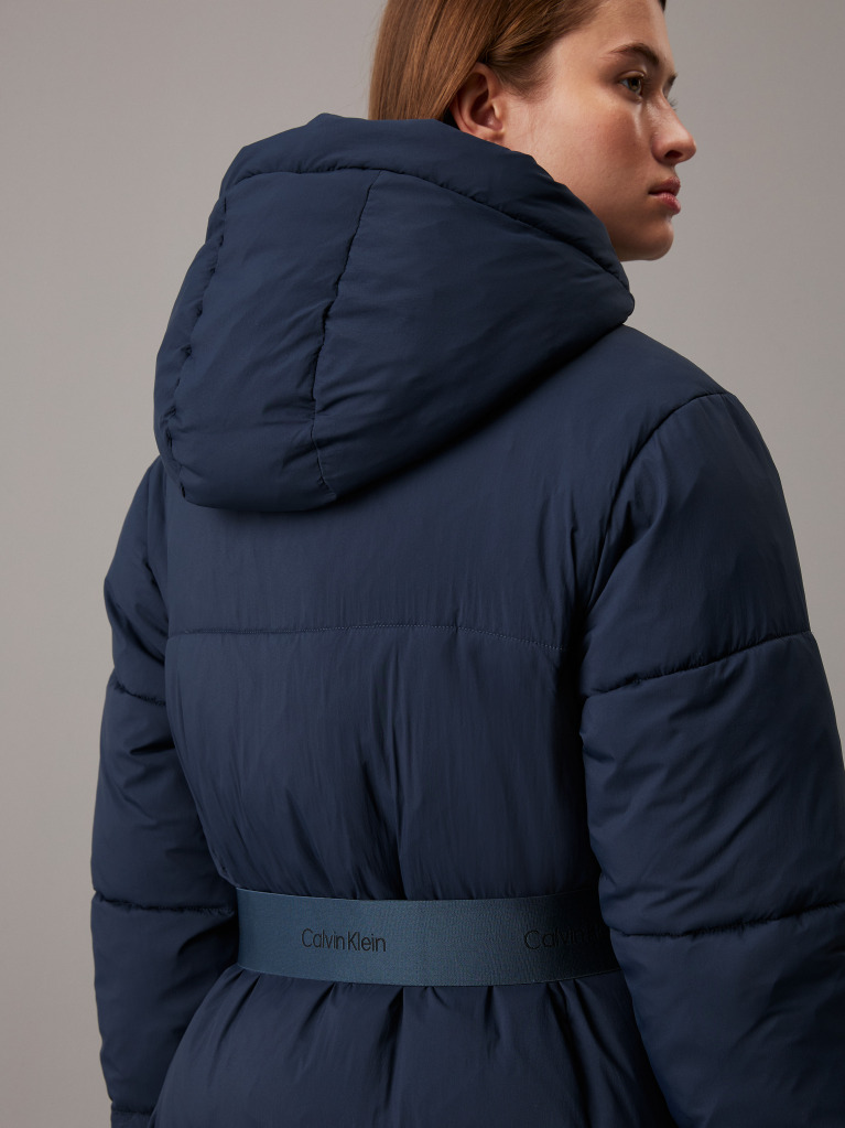 Blue Logo Belt Hooded Puffer Coat  Women