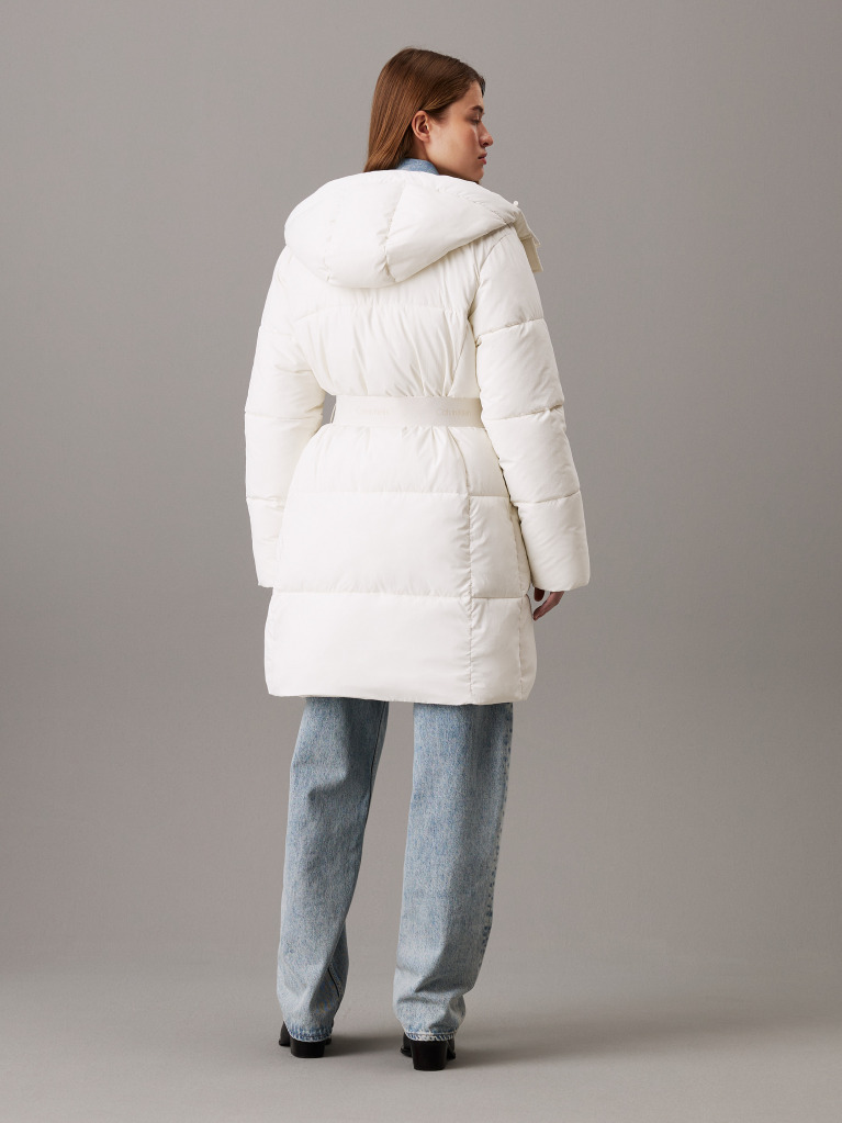 White Logo Belt Hooded Puffer Coat  Women