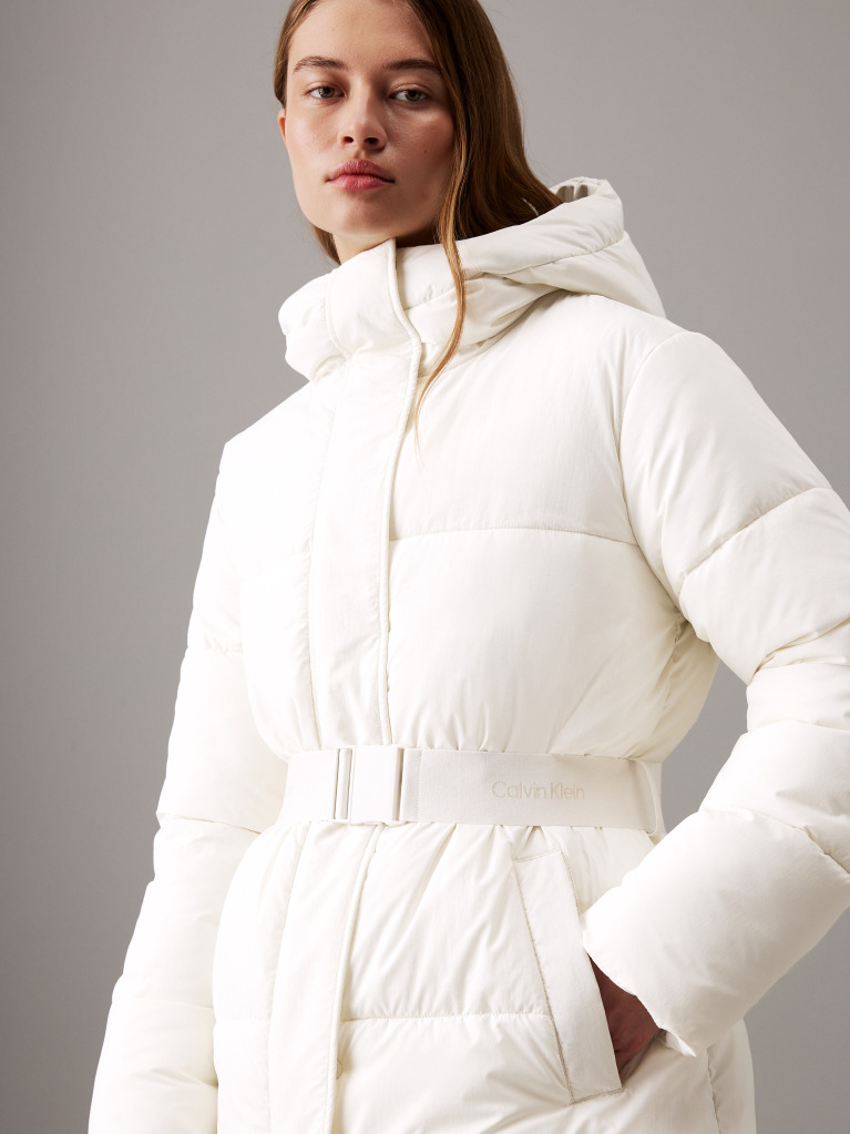 White Logo Belt Hooded Puffer Coat  Women