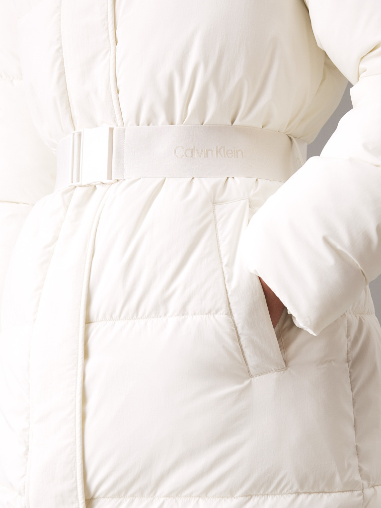 White Logo Belt Hooded Puffer Coat  Women
