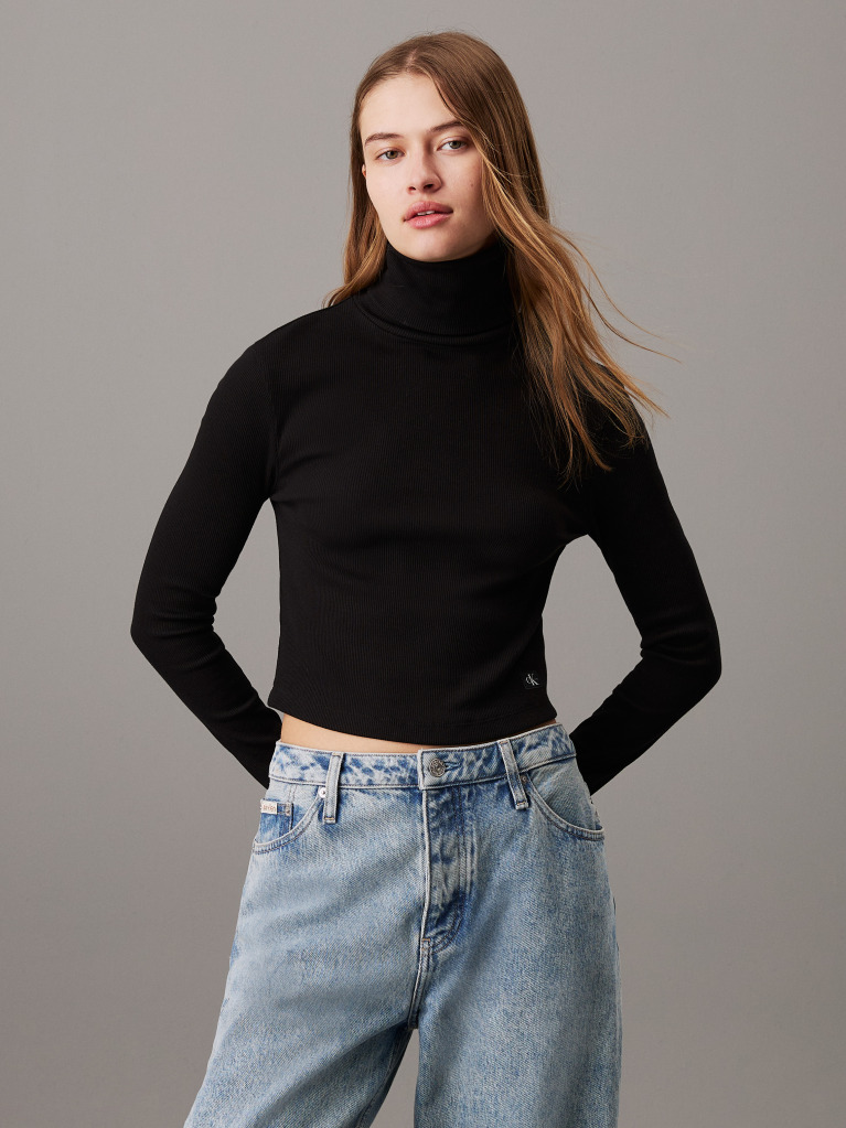 Black Slim Ribbed Cotton Roll Neck Top  Women