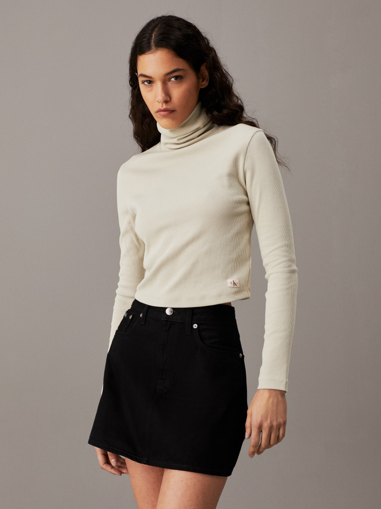 Beige Slim Ribbed Cotton Roll Neck Top  Women