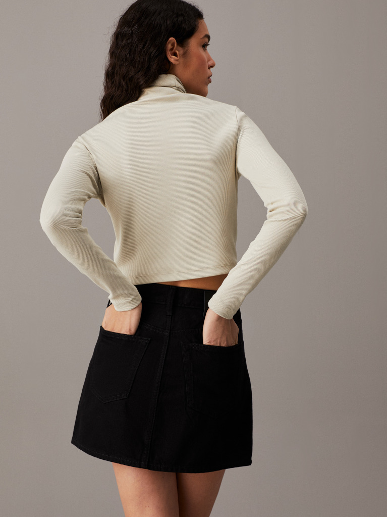 Beige Slim Ribbed Cotton Roll Neck Top  Women