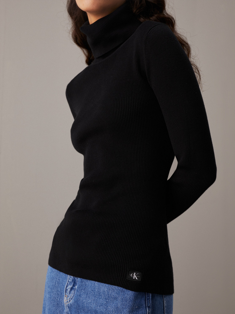 Black Slim Ribbed Roll Neck Jumper  Women