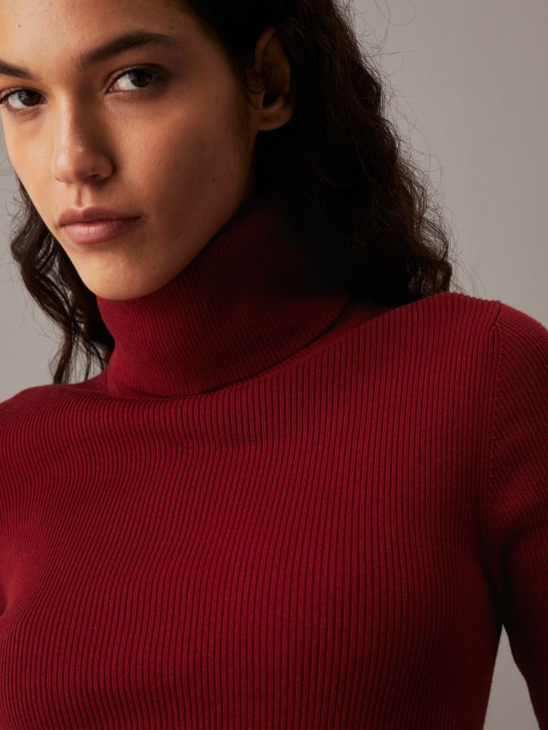 Red Slim Ribbed Roll Neck Jumper  Women