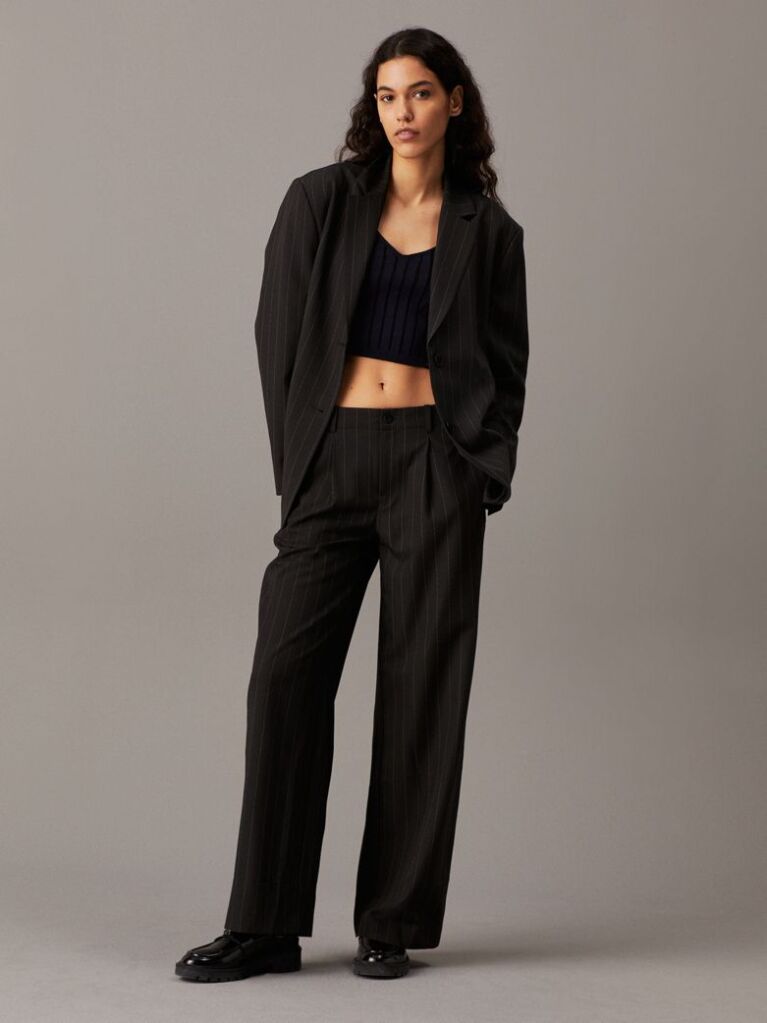 Black Soft Crepe Pinstripe Trousers  Women